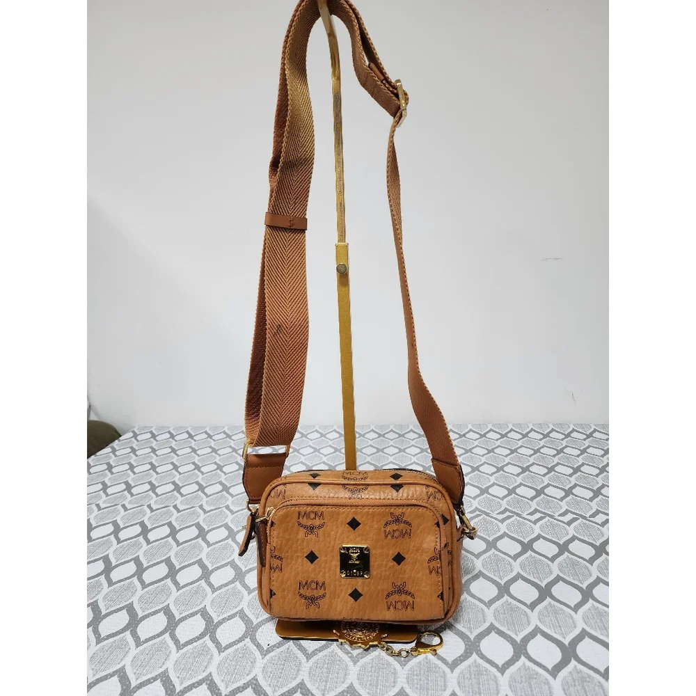 MCM Visetos Mini Leather Aren Crossbody Bag Brown